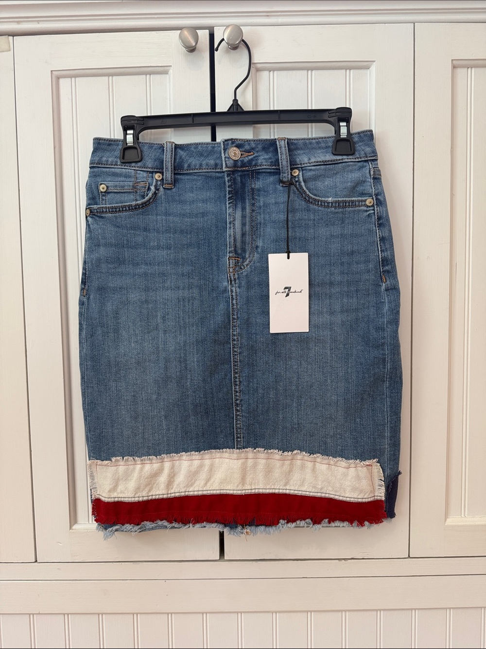 7 For All Mankind Denim Pencil Skirt with US Flag Patches & Frayed Hem